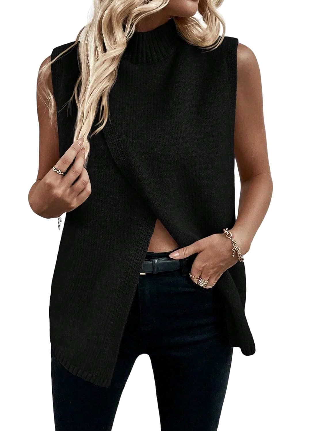 Wolddress Womens Sleeveless Sweater Vests Mock Neck Wrap Sweater Vest