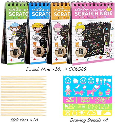 16 Pack Scratch Art Drawing Notebook Set For Kids, Scratch Art Paper Rainbow Mini Notes Set, Sketch Drawing Pad For Kids Party Favors（With 16 Wooden Stylus & 4 Drawing Stencils） #TOP5