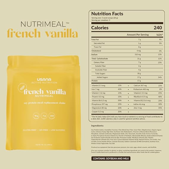 USANA - Nutrimeal Meal Replacement Shake - French Vanilla - 540 Grams | Has 15 G Protein, Complete Amino Acids, 8 G Fiber and Low Glycemic Formula In French Vanilla Meal Replacement Shake