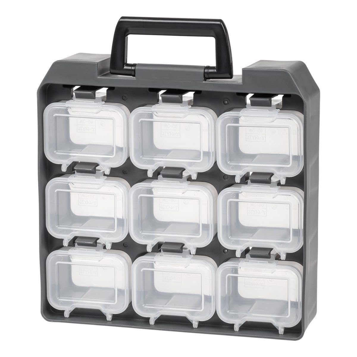 Iris Ohyama, Caja de almacenamiento de bricolaje, 9 compartimentos de Tornillo extraíbles, soporte para cinturón, garaje - Unit Case UC-9 - Gris/Negro