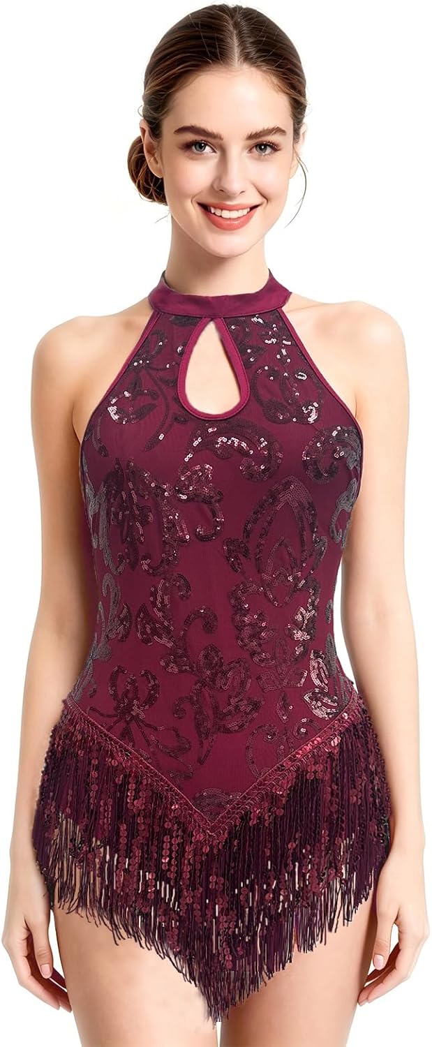 Sexy Sparkly Sequin Fringe Bodysuit Women Acrobat Show Skating Leotard Latin Jazz Rave Dance Costumes