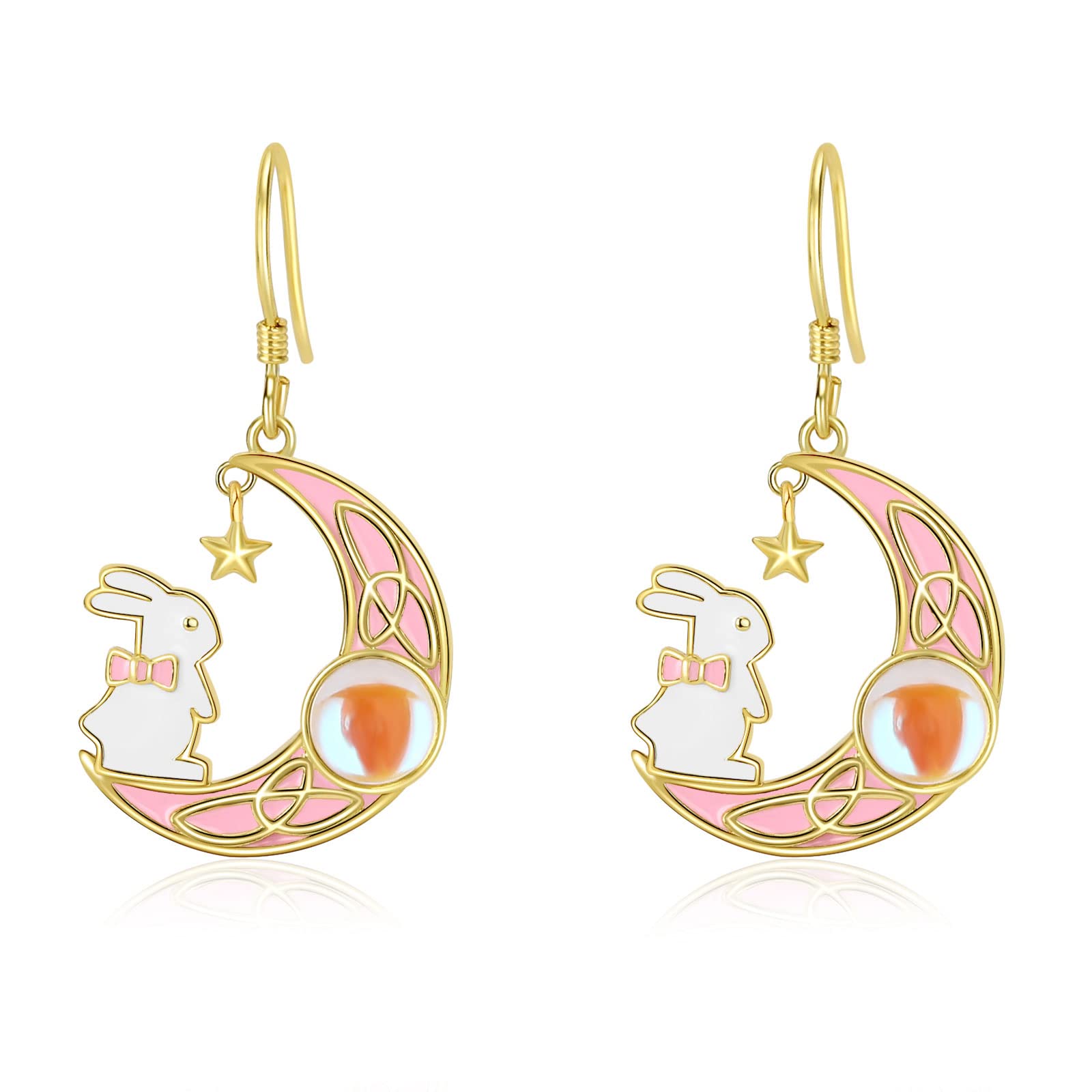 Bunny Rabbit Drop Dangle Cute Moonstone Earrings Star Moon Rabbit Earrings Crescent Star Earrings - 925 Sterling Silver Birthday Jewelry Gifts For Women Girls Mom Daughter Wife, Sterling Silver,