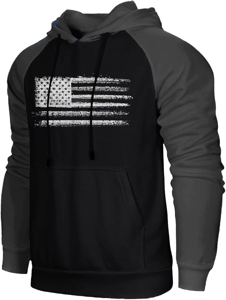 H HYFOL Men's Sweatshirt USA FLAG Patriotic Graphic Polyester Hoodies for Men Pocket Raglan Long Sleeve Sweatshirts