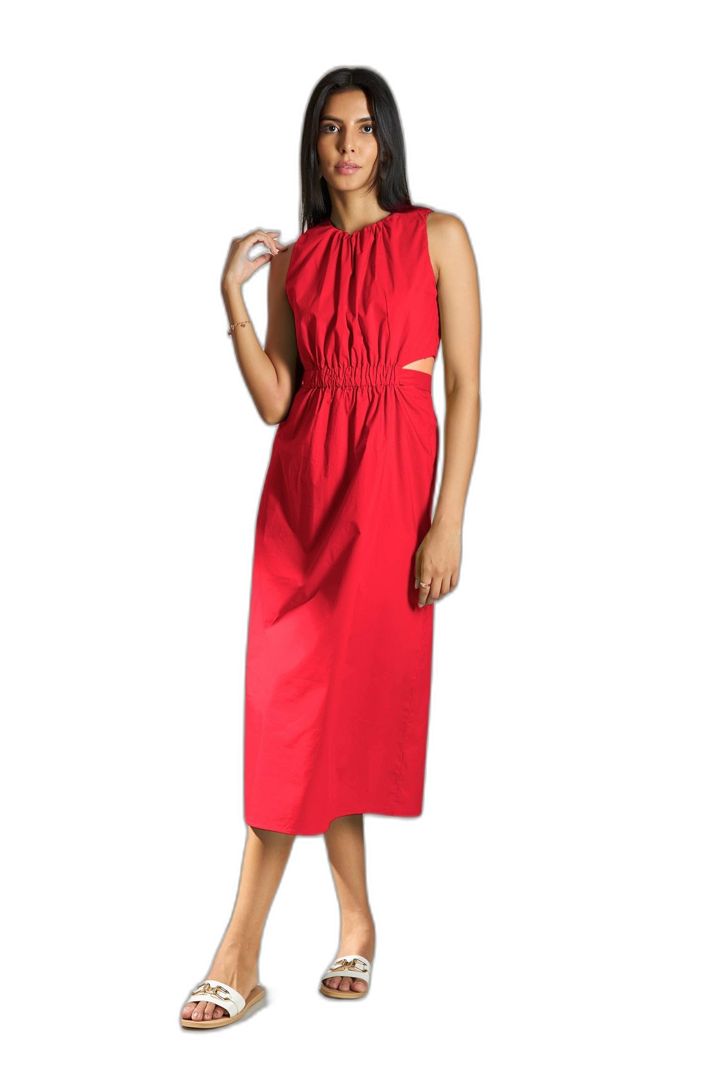 Women’s 100% Cotton Midi Dress with Elastic Waist Cutout Detail, Sleeveless Silhouette and Flared Design, Casual Western Outfit for Vacation Wear, Brunch Styling and Resort Looks-image-1