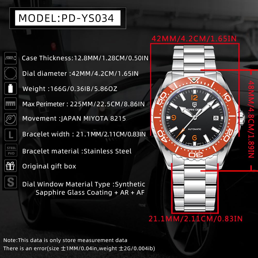 Pagani Design PD-YS034 Montre de plongée automatique pour homme avec mouvement japonais à remontage automatique, lunette en céramique, cristal saphir étanche jusqu'à 100 m, affichage de la date