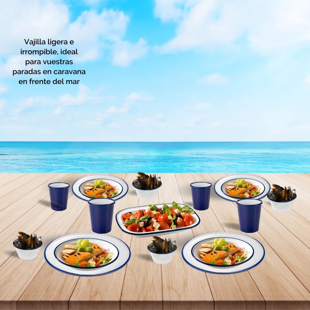 MBH - Juego de vajilla de melamina PREMIUM de 16 piezas más fuente de presentación, para uso en exteriores e interiores, inastillable, ligero, sin BPA, servicio para 4, patrón mediterraneo