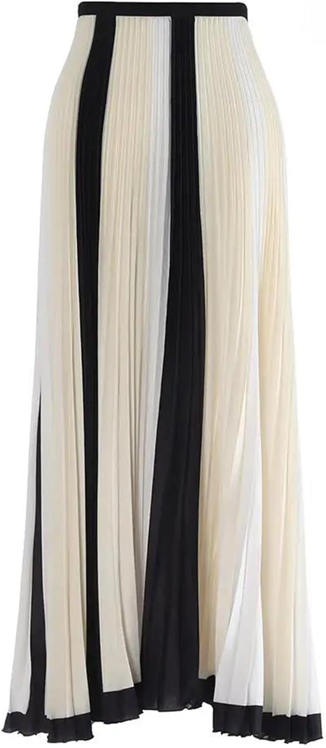 Women's Chiffon Pleated Skirt with Color Block Detail Flowy A Line Skirt for Office and Casual Day Wear Beige