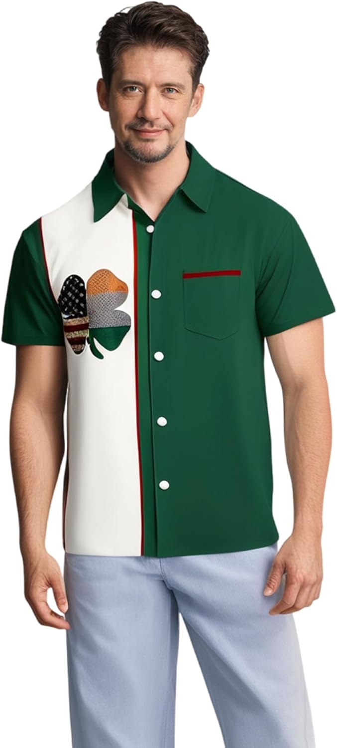 Men's St Patrick's Day Shirt Shamrock Print Bowling Short Sleeve Hawaiian Casual Button Down Holiday Shirts - Image 3