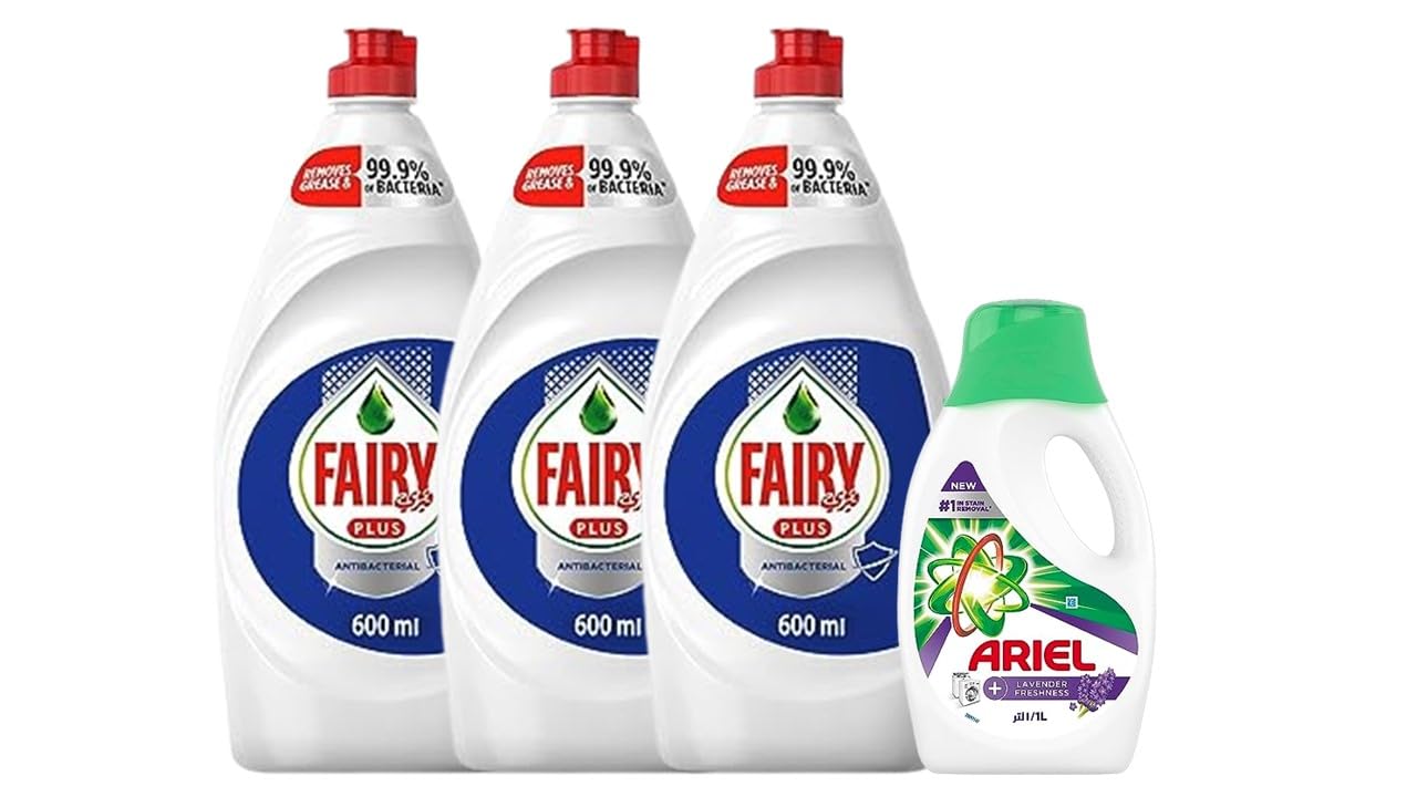 Fairy Plus Antibacterial Dishwashing Liquid Soap With Alternative Power To Bleach, 3 X 600 ML + (FREE) Ariel Lavender Laundry Detergent Liquid Gel 1L