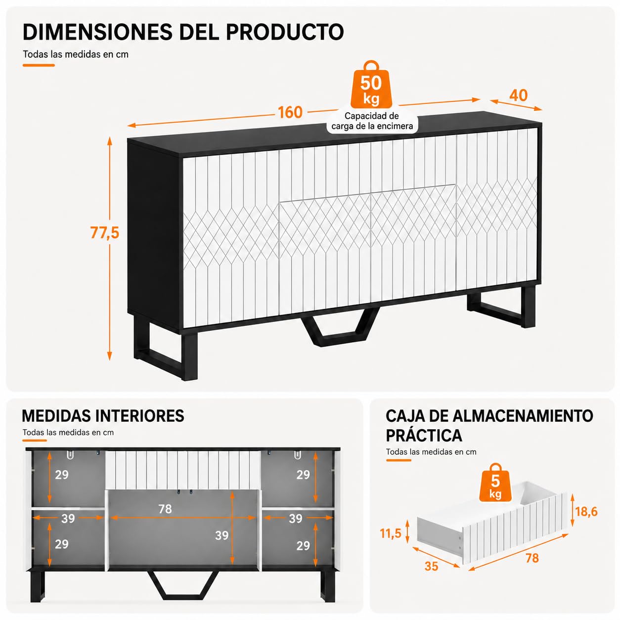 Aparador Blanco-Negro 160cm con Frente Geométrico – Cómoda con Cajón Push-to-Open, 4 Puertas & Pata en V Metálica, 50kg – Bufet para Salón & Comedor, 160×78×40cm