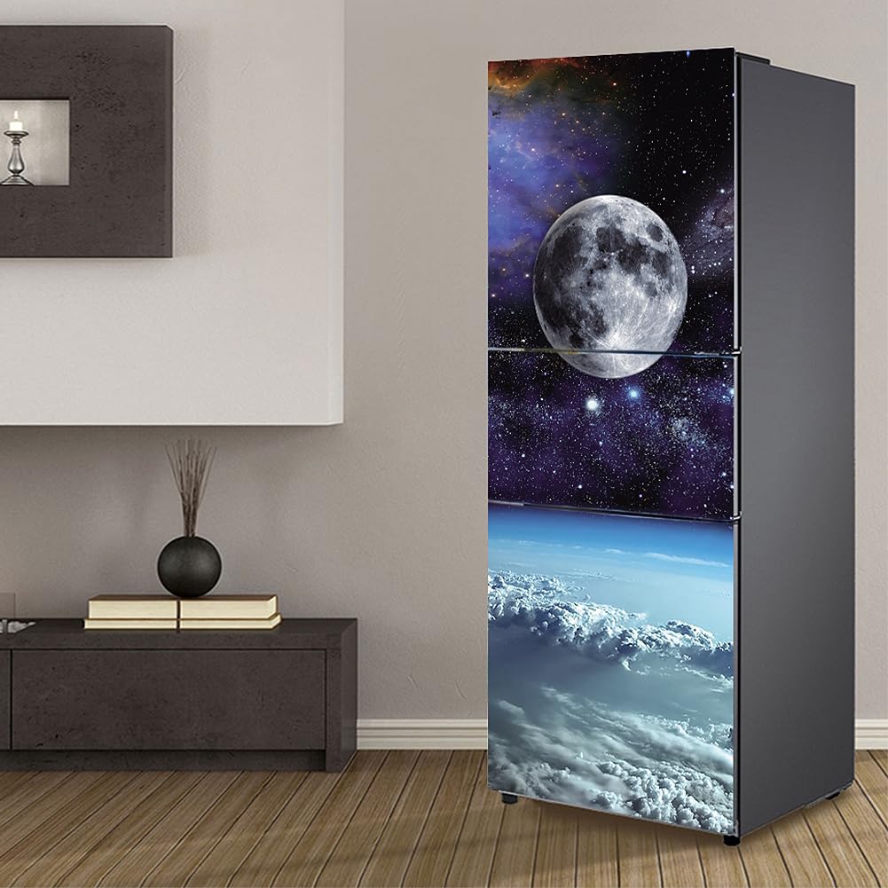 Fridge Stickers, Fridge Sticker Full Covering Door Covers Skins Wall Stickers for Kitchen Decal, Moon Space Starry Sky(M: 60x180 cm)