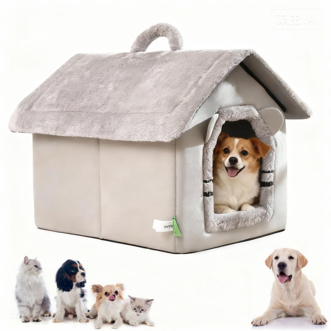 Dog House Bed Indoor, Foldable Dog Cave Beds with Removable Cushion, Cozy Cat Bed Cave Cat Tent Portable Pet House for Indoor Cats & Small Dogs (Grey, M - 15.7 * 13.7 * 13.7 in)
