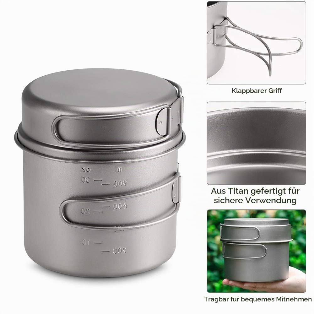 Lixada Titanium Topf Set aus reinem Titan, 1100ml / 1600ml Topf + 350ml / 500ml Pfanne,Φ125 * 102mm, mit faltbarem Griff, für Outdoor Camping, Wandern