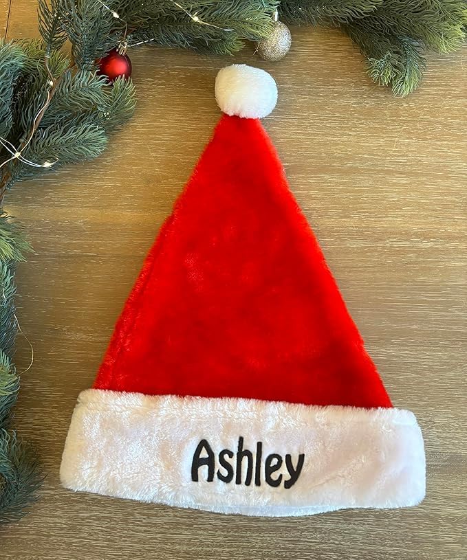 Merry Craft Works Custom Red Plush Santa Hat, with Name Embroidered - Personalized Fluffy Velvet Christmas Hats - Adult, 1 Pack