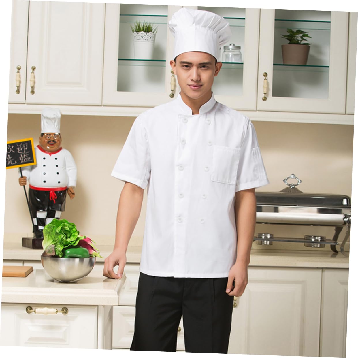 BESPORTBLE Unisex Xxl Short Sleeve Chef Coat White Casual Loose Chef Apparel Blended Material with Grey Button Closure and Split Sleeve Pocket for Kitchen Work