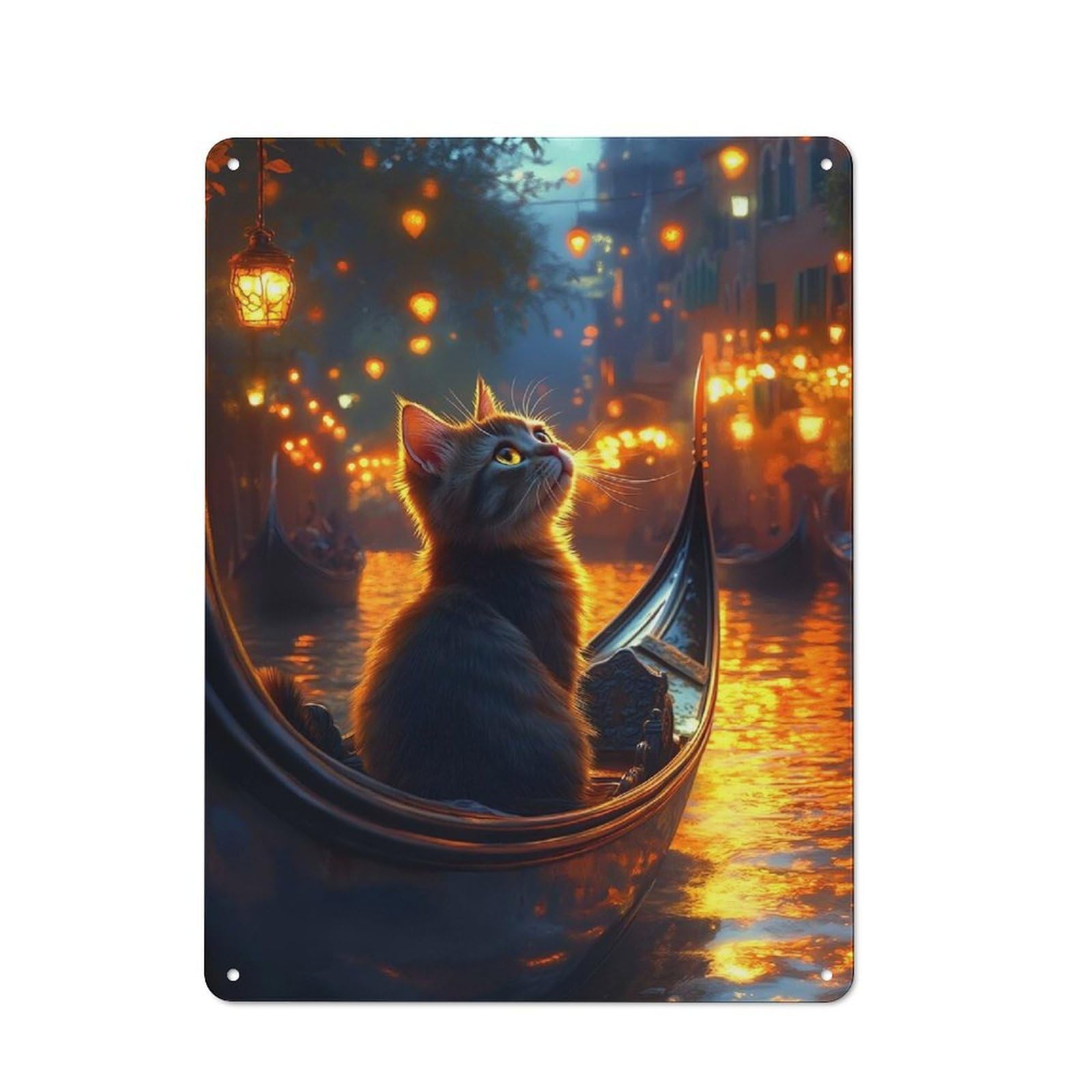 Junmoney Style-10 Cat In Gondola, Venice At Night Rustic Tin Sign 40X30cm For Lounge Or Reading Corner, For Metal Sign Collectors, For Cafés, Pubs And Restaurants