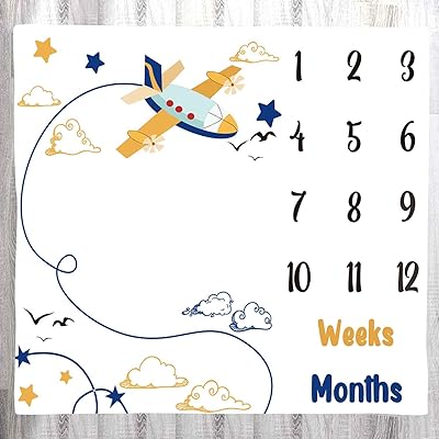 LYLYCTY Baby Memory Blanket, Airplane Sky Pilot Baby Age Blanket Monthly Baby Blanket Milestone Blanket Swaddle Blanket, 48x40 Inch Baby Growth Chart Photo Background Baby Blanket BTLSLY422