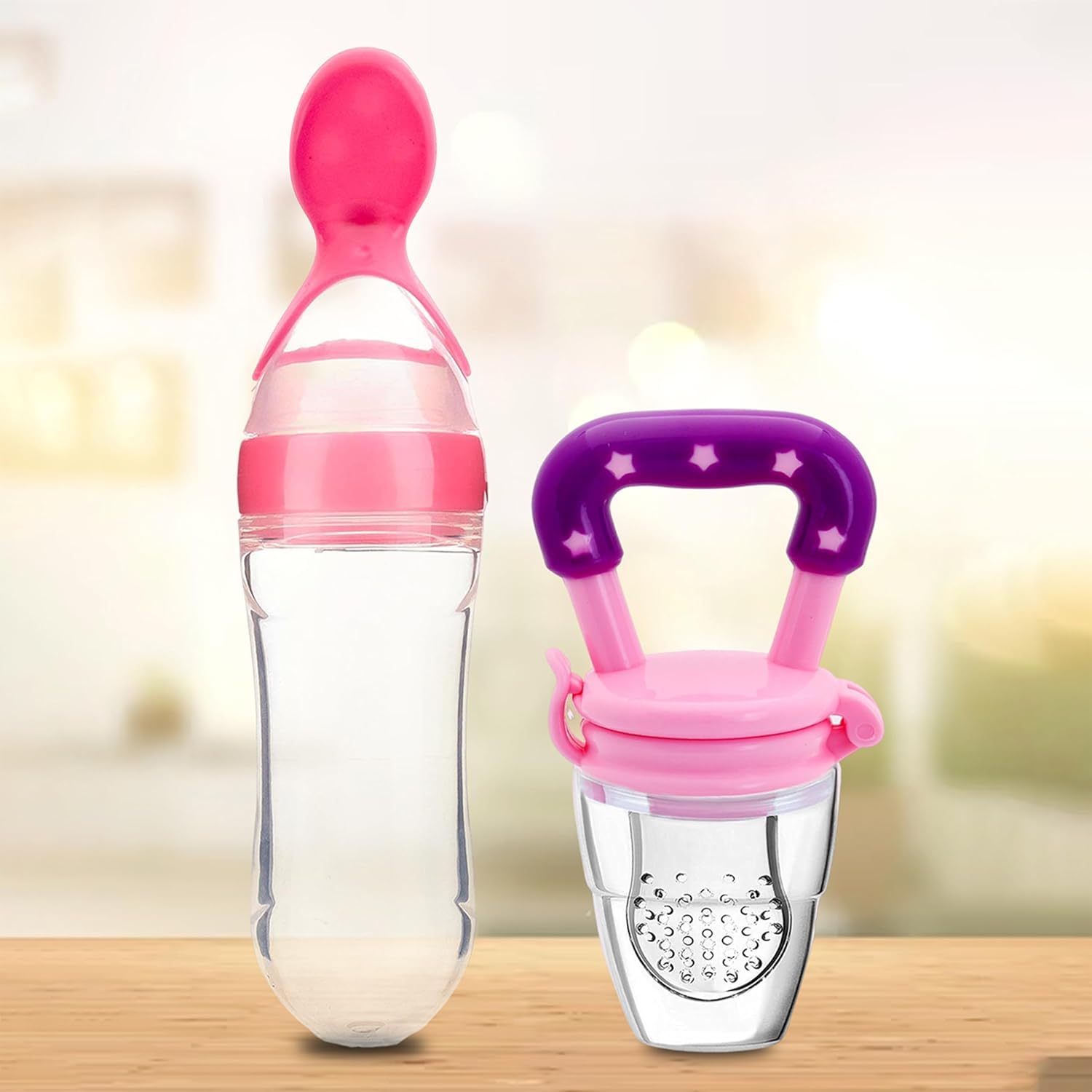 XIIAA Baby Combo Set of-9 Items [Steel Bottle,Bottle Cover,Silicone Spoon,Silicone Food Feeder,Fruit Feeder,Finger Toothbrush,TEETHER,NOSAL and BIB] (Pink) - Image 3 thumbnail