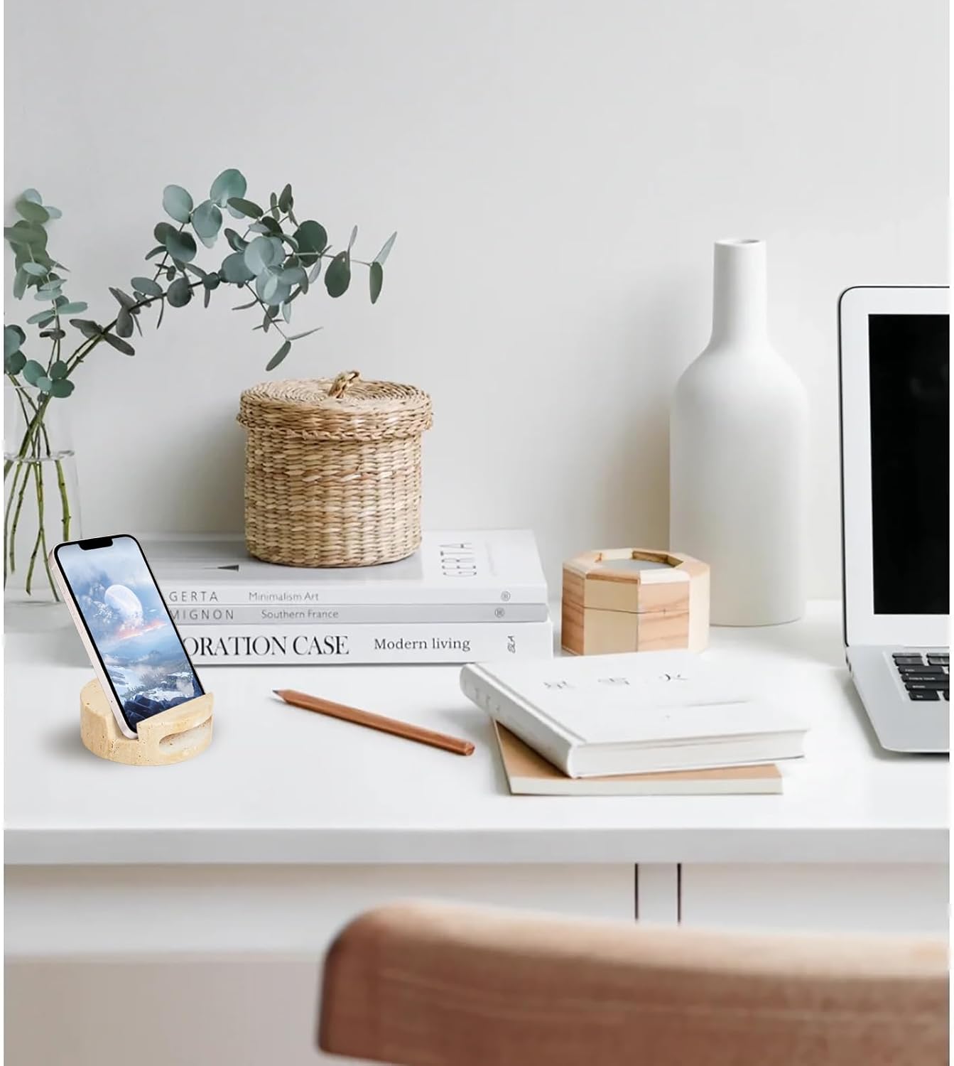 Luxury Marble Cell Marble Phone Stand with Sound, Phone Holder for Cellphone Tablet On Office Desk,Kitchen,Countertop, Nightstand,Round, Beige Travertine - Image 3