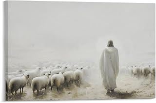 Jesus in The Misty Desert with Sheep Wall Art Poster Trendy Canvas Print Modern Painting Aesthetic Picture for Living Room Farmhouse Decor 12x18inch(30x45cm) Frame