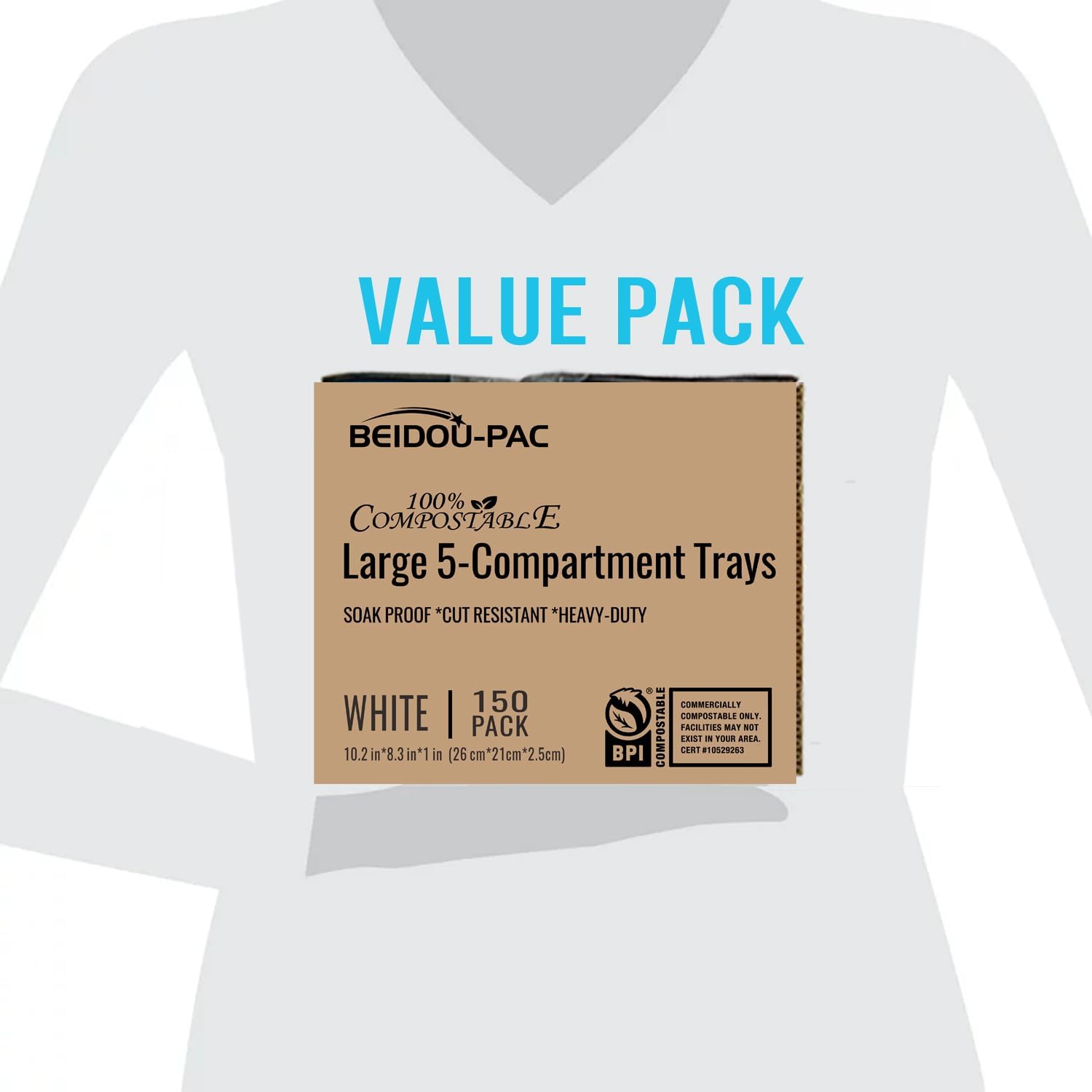 5 Compartment Compostable Heavy Duty Disposable Paper Plates, 150 Count | 10.2" X 8.3" | Natural Bagasse, White Biodegradable Eco-Friendly School Lunch, Buffet, Party Sugarcane Tray