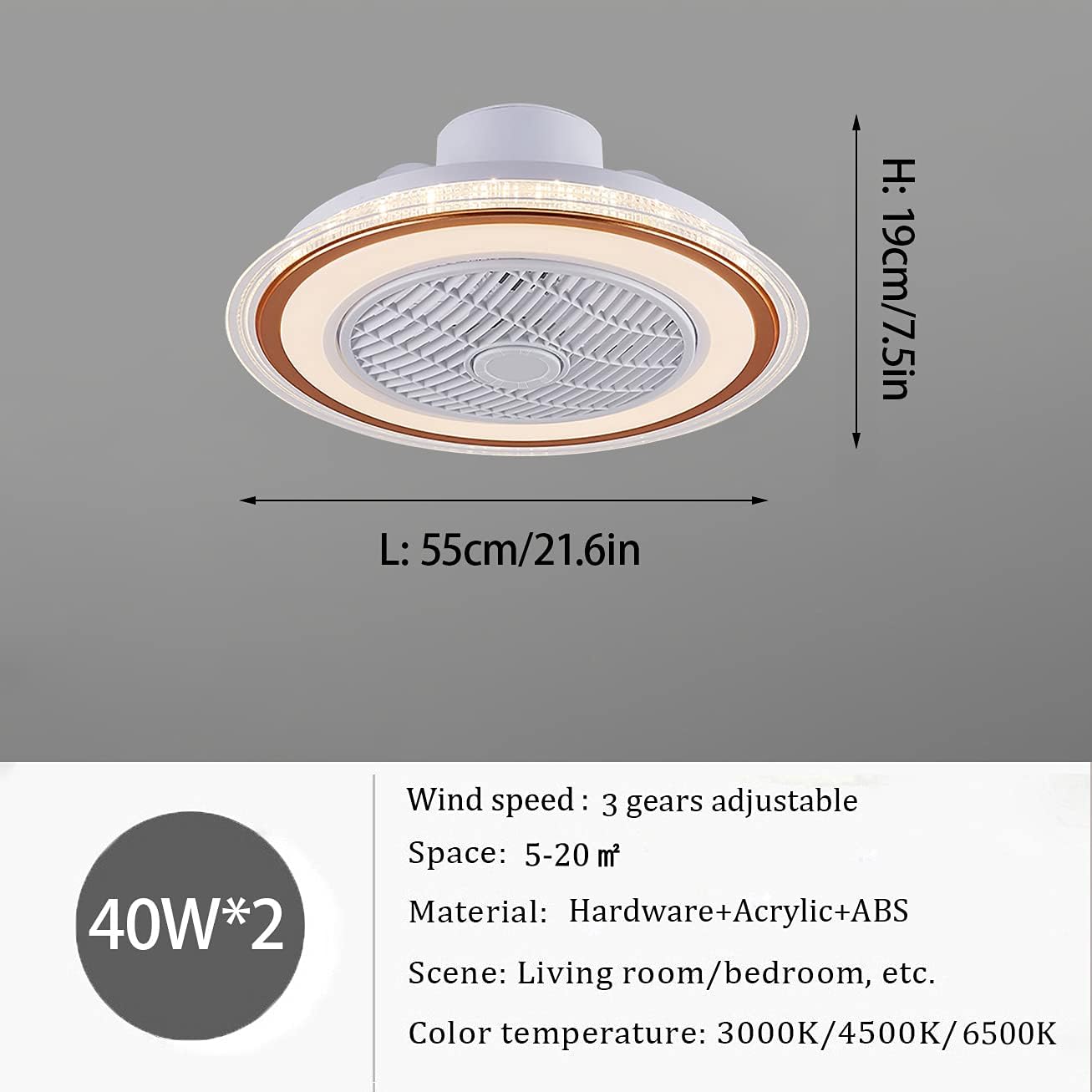 YUEGOO Ceiling Fans with Lamps,Remote Control Silent 3 Speeds Bedroom Dimmable Fan Ceiling Light with Timer 80W Modern Living Room Quiet Ceiling Fan Light/White