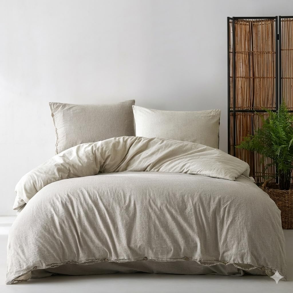 LILENSE 100% Cotton Double Size Duvet Cover Set - Washed Yarn Dyed, Striped Reversible 3pcs Bedding with Pillowcases, Button Closure (Brown - Cream) โ image 1