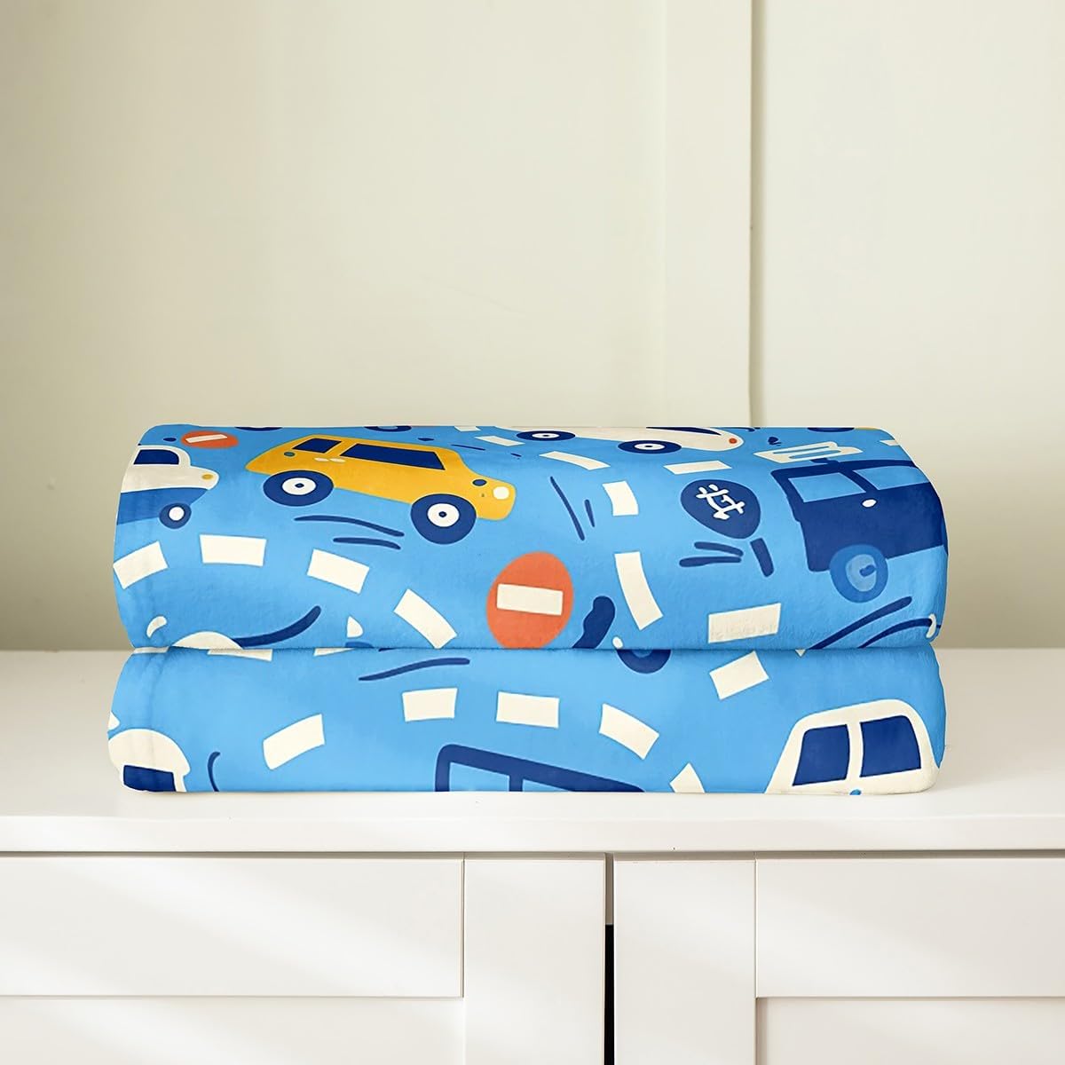Cartoon Cars Fleece Blanket,Cute Bus Taxi Truck Graffiti Blue Bed Blanket for Kids Teens,Traffic Vehicles Geometric Lines Flannel Blanket for Room Decor,Queen 90"x90"