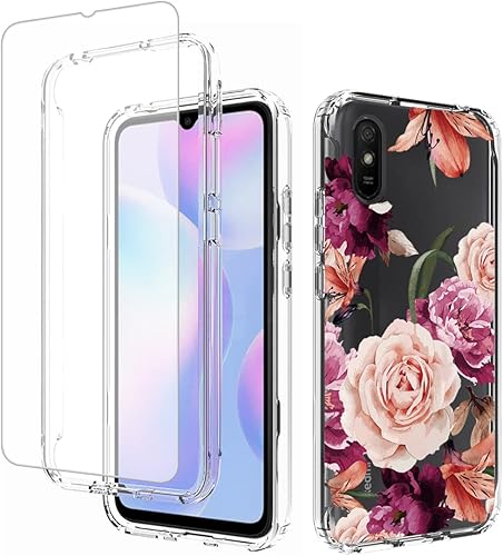 Funda para Redmi 9A M2006C3LGRedmi 9i M2006C3LII con protector de pantalla de vidrio templado, diseño floral a prueba de golpes, carcasa protectora