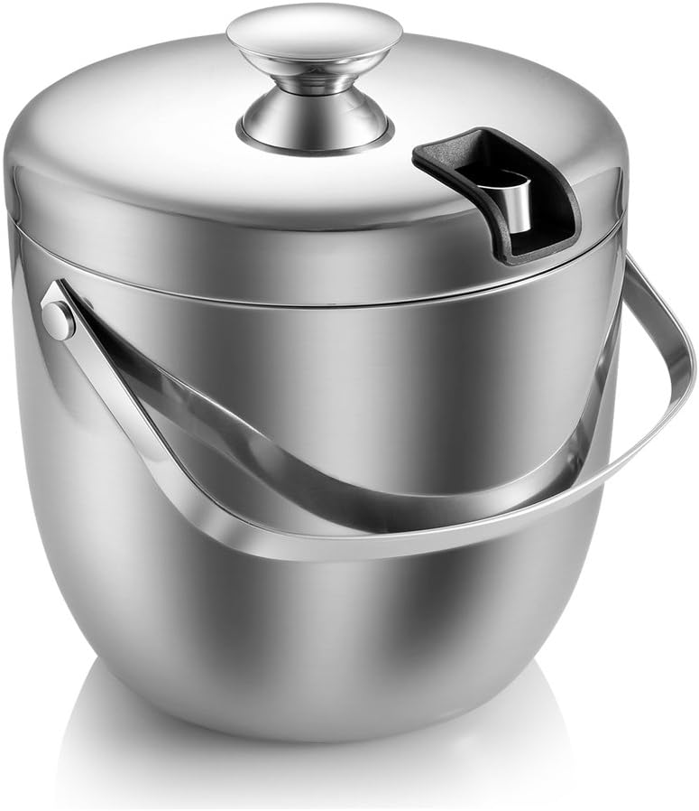 Ice Bucket,Insulated Stainless Steel Double Walled Ice Bucket with Lid,Stainless Steel Ice Tongs -2.8L-Silver