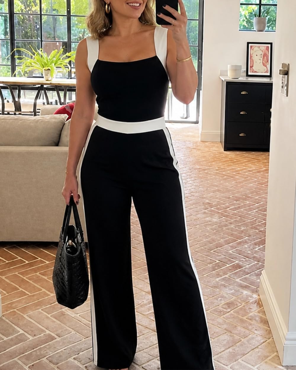 Jumpsuit for Women Colorblock Elegant Square Neck Sleeveless Wide Leg with Pockets Business Casual