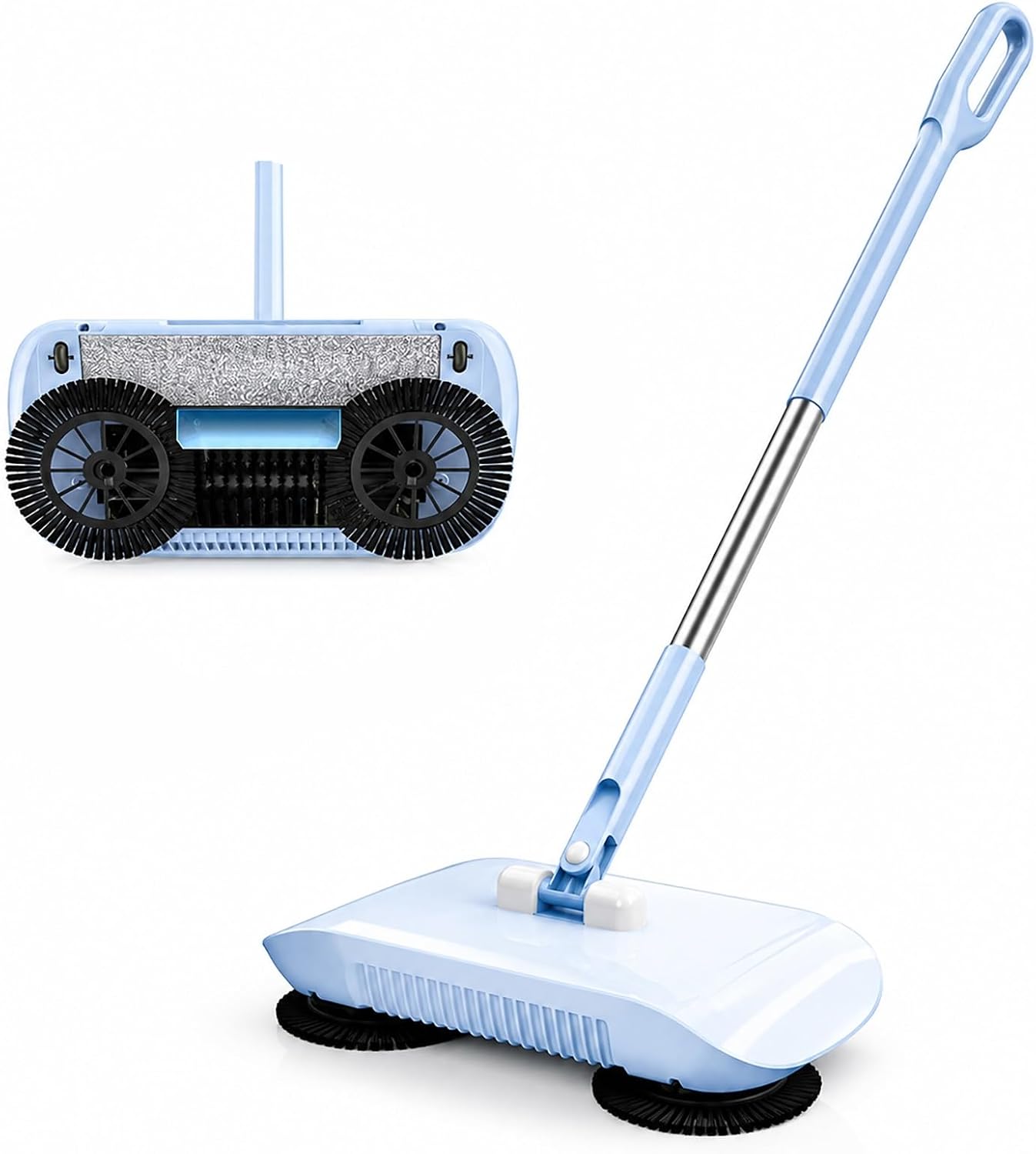 Manual Push Floor Sweeper with Dual Rotating Brushes, Sweep and Mop Combo for Hardwood Tile Laminate Floors, Lightweight Home Cleaner with Microfiber Pad, 40.2in Handle, Blue Pink(Blue)