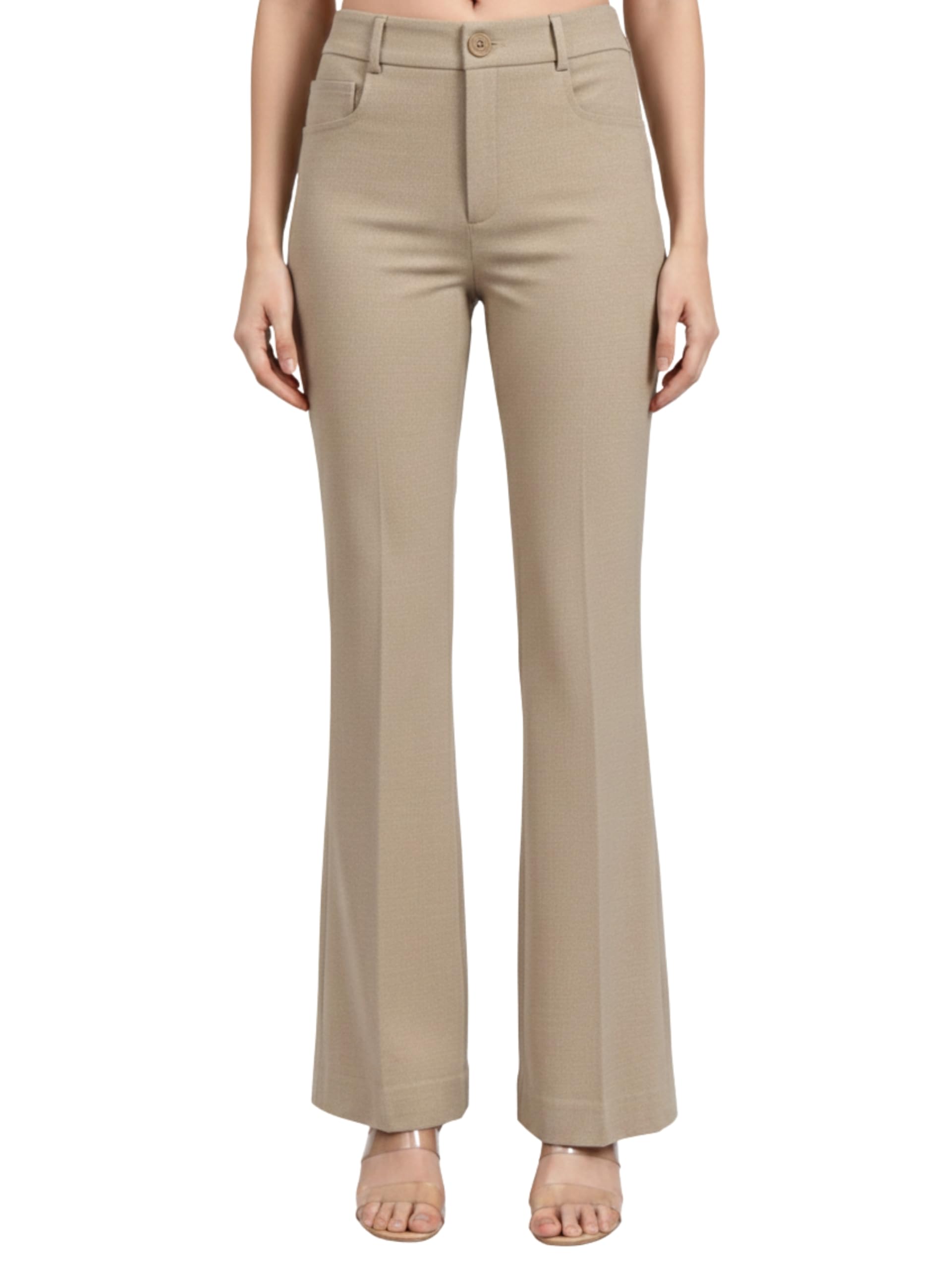 powersutra Women's Beige Stretchable Pant Trousers | High Rise Straight Flared Fit Pants | Formal Pant for Women Office Wear | Bell Bottom Pants | Button & Zip Closure with Waistband-picture-13