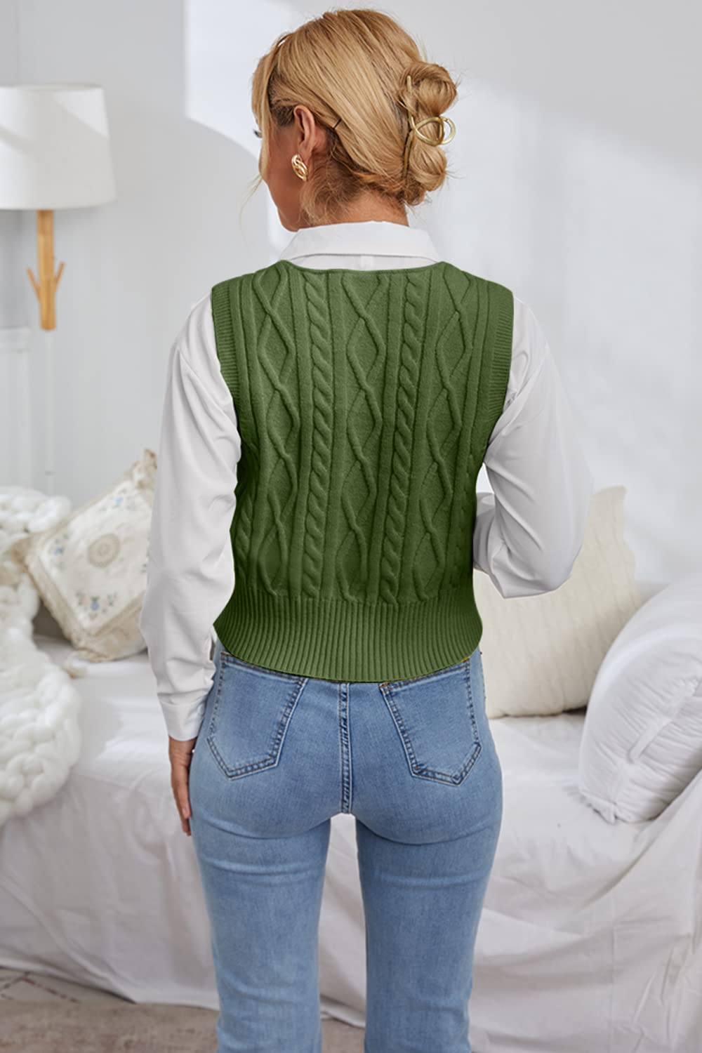 Pull sans manches pour femme - Col en V - Gilet en tricot élégant - Pull en tricot décontracté - Pour femme - Automne et hiver