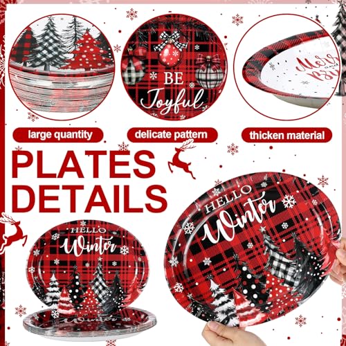 Image of Fourluoo 96 Pcs Christmas Paper Plates Disposable 9 Inch Red and Black Buffalo Plaid Dessert Cake Dinner Plates Bulk for Xmas Holiday Party Favor Supplies