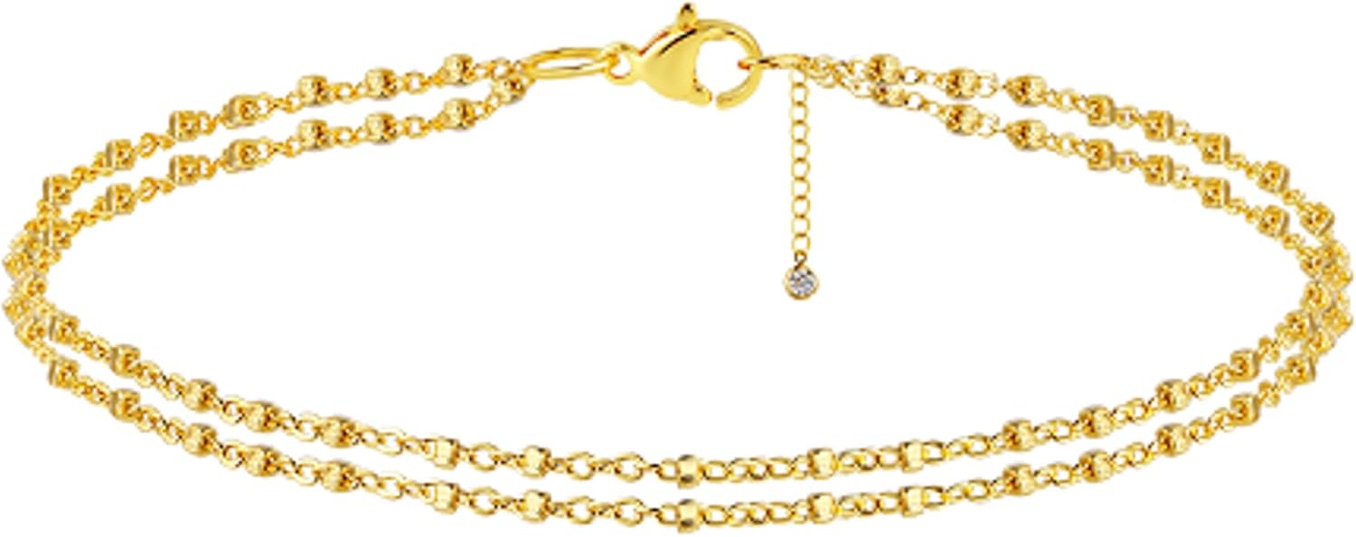 Rotnso Anklets for Women 14K Gold Silver Plated Ankle Bracelets Trendy Waterproof Boho Anklets Set Adjustable Dainty Cute Diamond Beaded Heart Non Tarnish Summer Beach Jewelry Gift