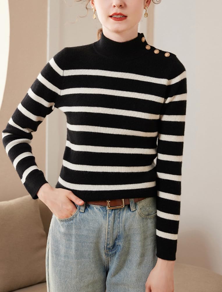 E-girl SPR2334 - Maglione da donna 95% cashmere con colletto alto, a maniche lunghe, in lana di cachemire a righe, sottile
