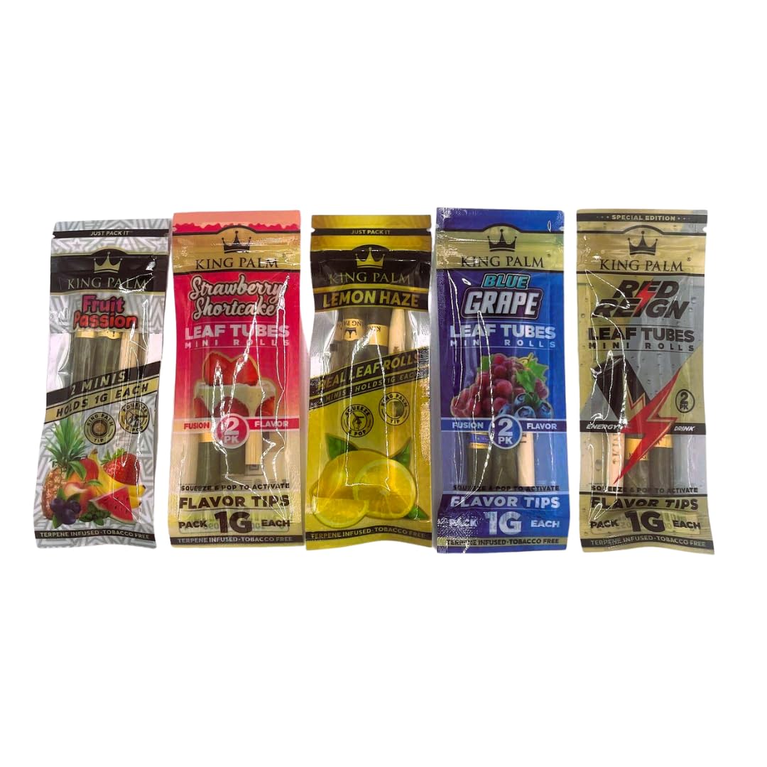 King Palm | 10 Flavoured Pre Rolls Cones Wraps | (Minis) 1g - 5 Packs Included - Strawberry Shortcake - Red Reign - Lemon Haze - Blue Grape - Fruit Passion