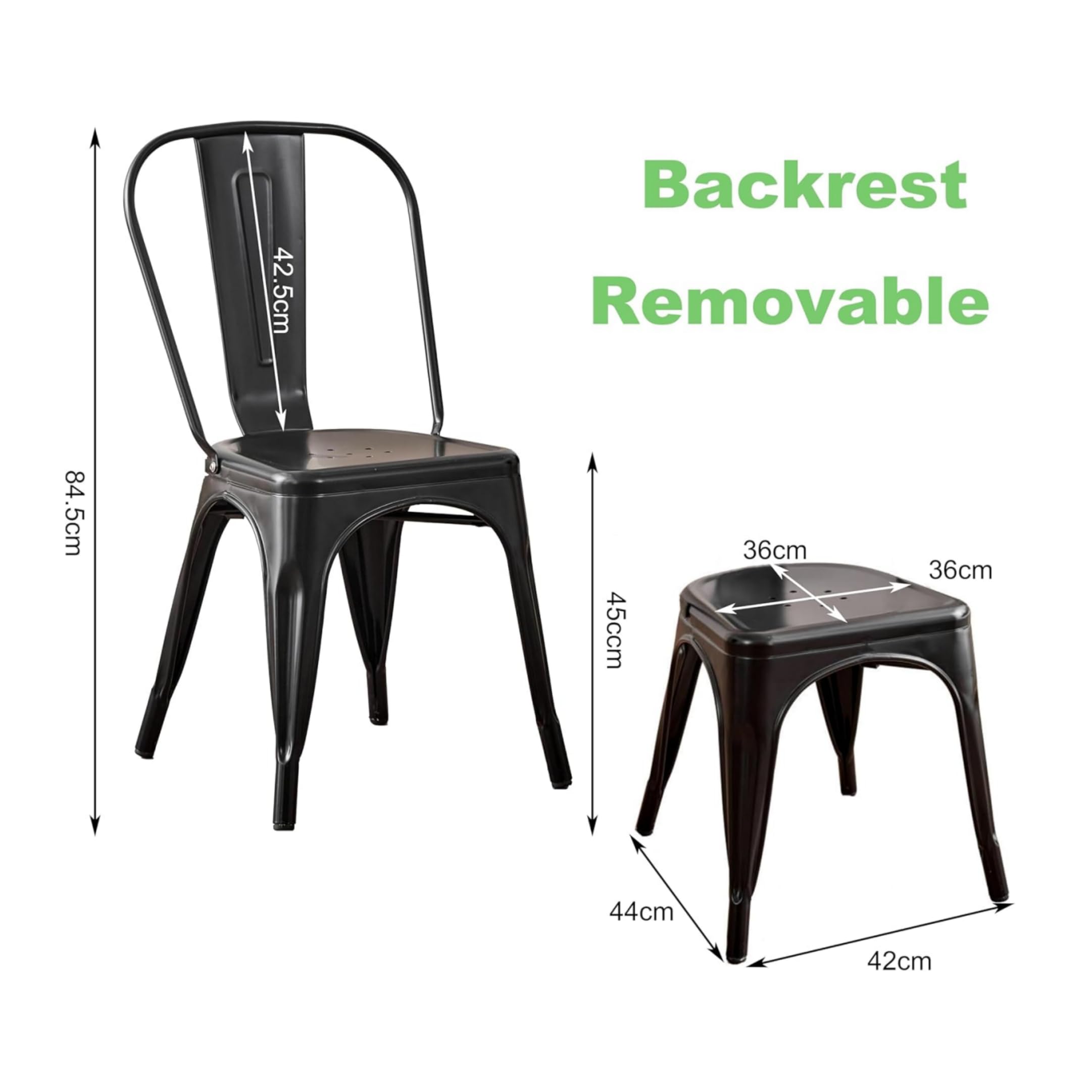 Juego de 8 Sillas de Comedor de Estilo Industrial Retro, Aspecto de Metal, Diseño Apilable, Sillas para Pestaurantes, Bistrós, Cafeterías, Bodas en el Jardín - Negro