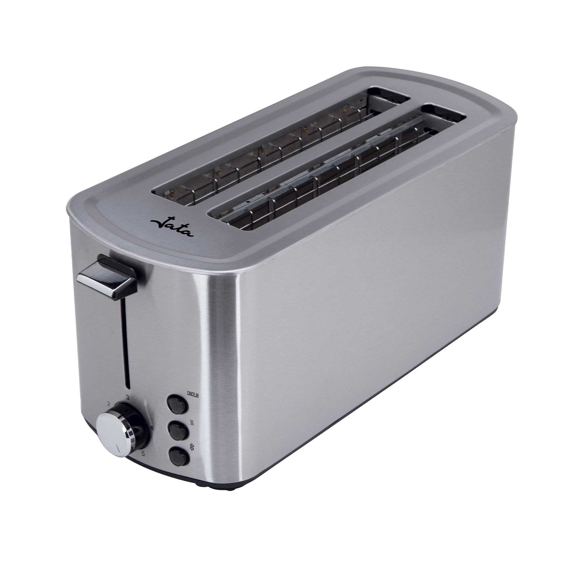 Jata TT1046 - Tostadora Inox de Ranura Larga Doble 1400W, Tostador de Pan con Descongelación y Recalentado, 5 Niveles de Tostado, Acero Inoxidable, Bandeja Recogemigas