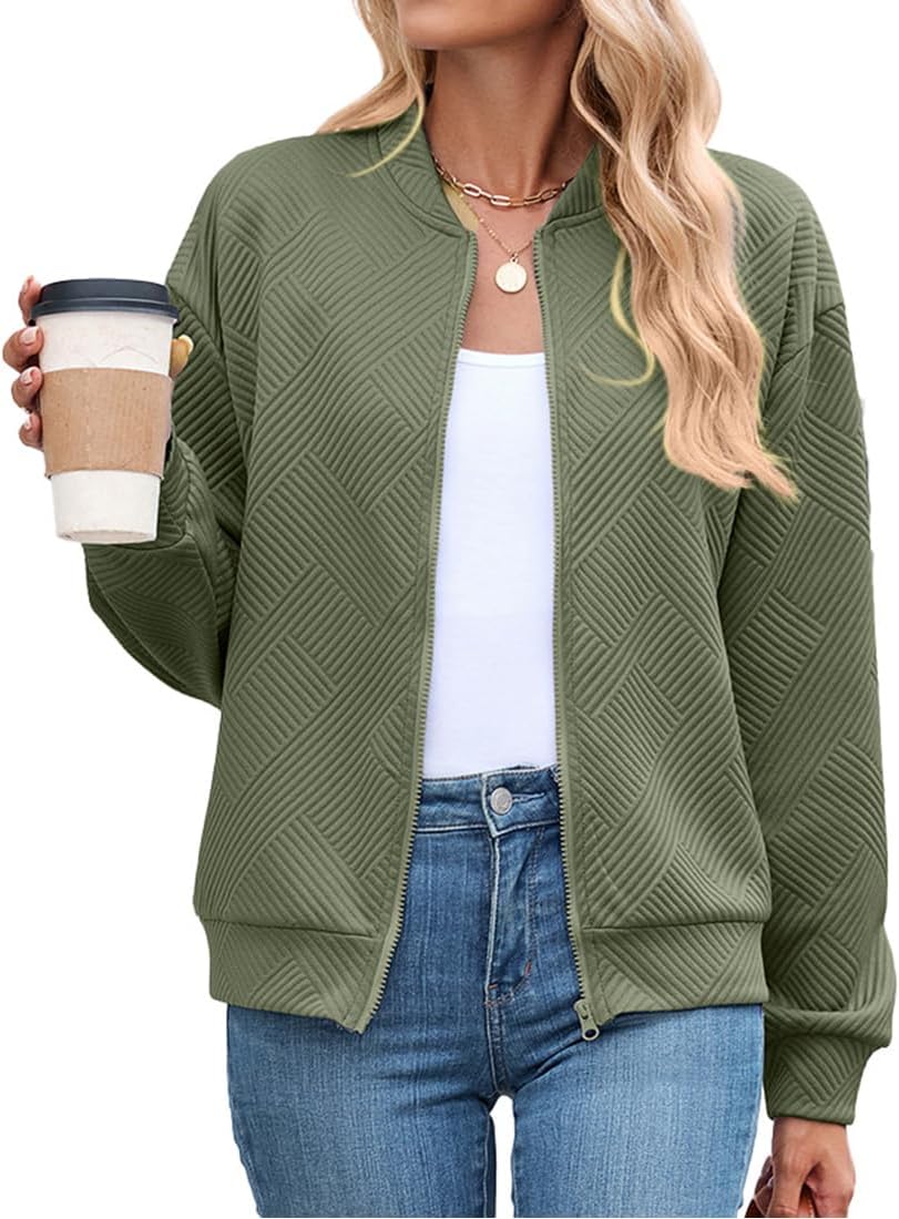 Women's Zip Up Cropped Jacket Loose Long Sleeve Round Neck Lightweight Coat Casual Coarse Knitted Baseball Jacket