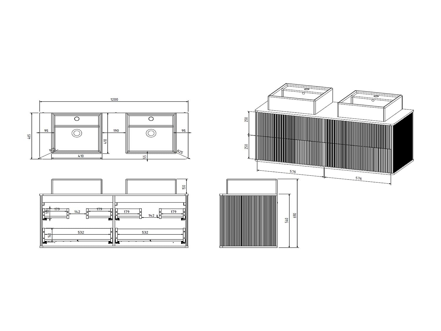 Vente-unique - Meuble de Salle de Bain Suspendu strié liseré doré avec Double Vasque à Poser carrée - Noir - 120 cm - KELIZA