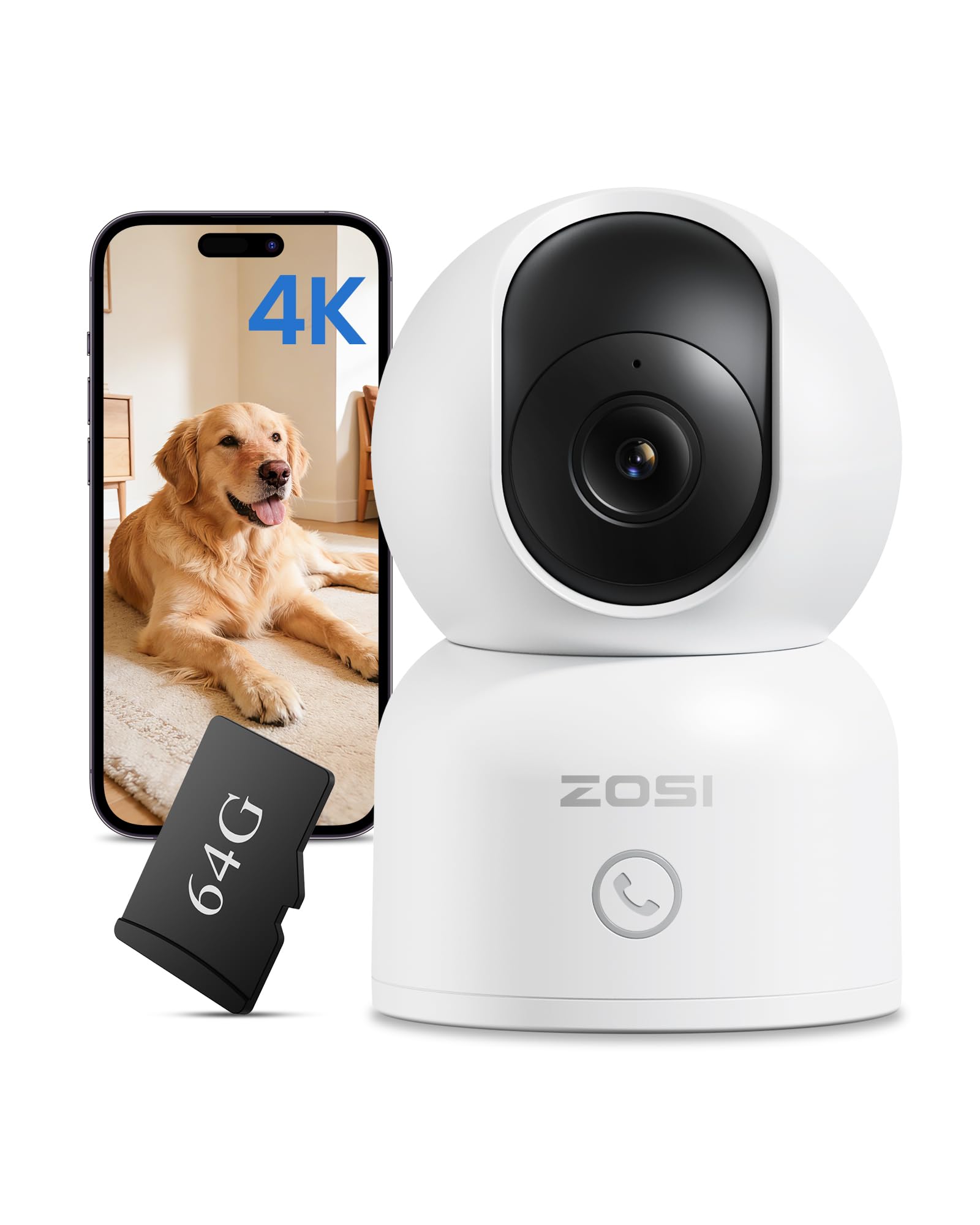 Zosi 4K Indoor WiFi Camera, 360° PT Security Camera/Baby Monitor with 64GB | 8MP UHD WiFi Security Camera No Monthly Fee, Human/Pet Auto Tracking, Indoor Surveillance Camera, 2-Way Audio, Night Vision