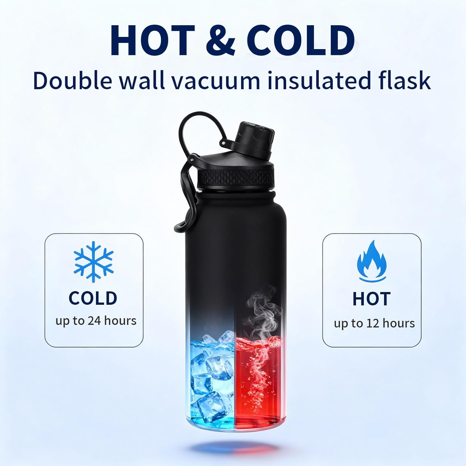Insulated Water Bottle with Mug Brush, Steel Water Bottle, Leak-Proof, BPA-Free, Double Wall Vacuum Keeps Cold for 24 Hours for Sports, Travel (32 oz, Black)