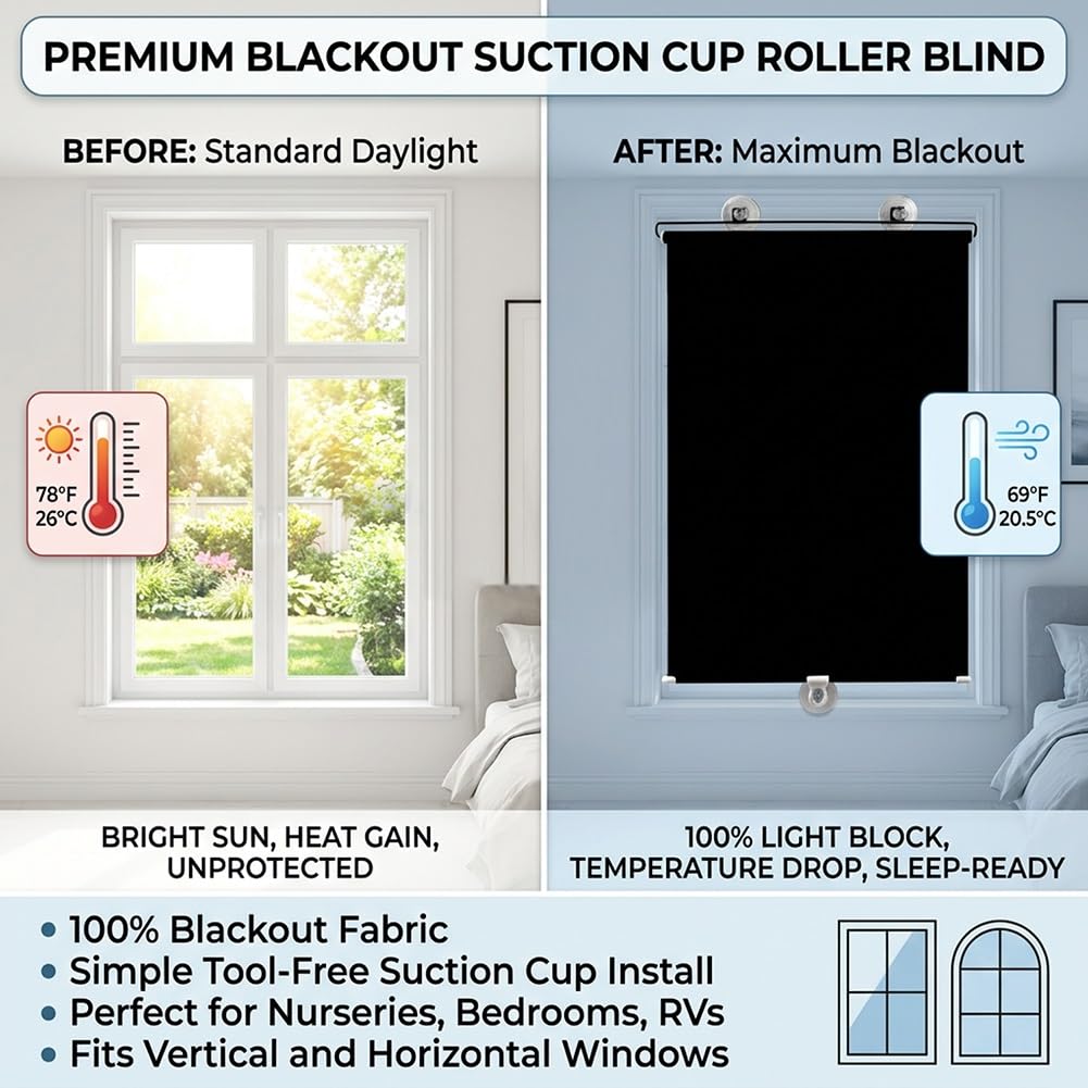 Générique Store Occultant À Ventouse Store Enrouleur Rétractable Portable 50x150 80x200cm Store À Rouleau Temporaire Rideaux D'intimité sans Perçage Pare-Soleil Isolant Thermique Amovible(72x170cm)