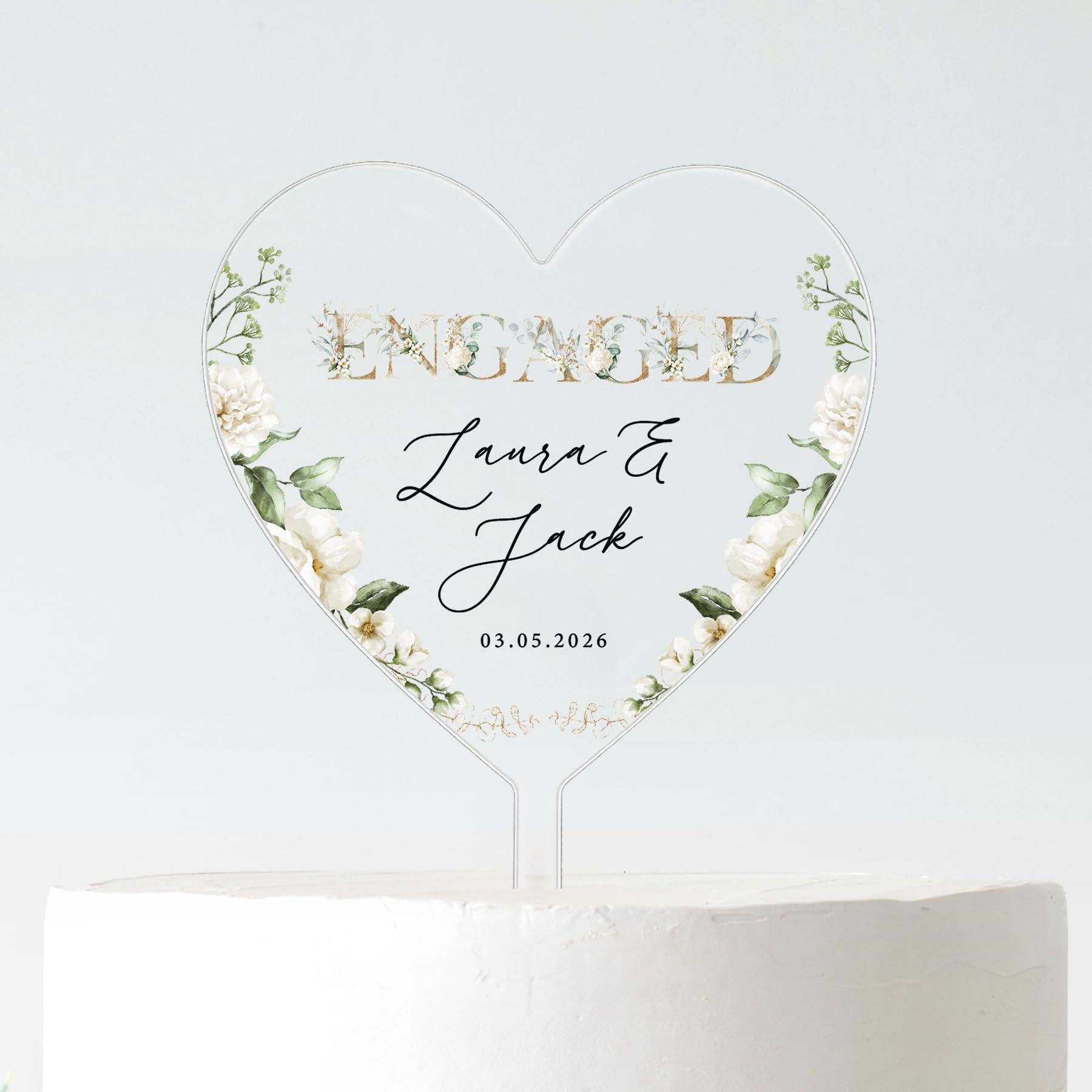 Personalised Engagement Cake Topper – Frosted 3mm Acrylic Heart Cake Decoration – Custom Names & Date – Black or White Text – Elegant Floral Engaged Design – 10cm or 12cm (BLACK TEXT, 10CM)