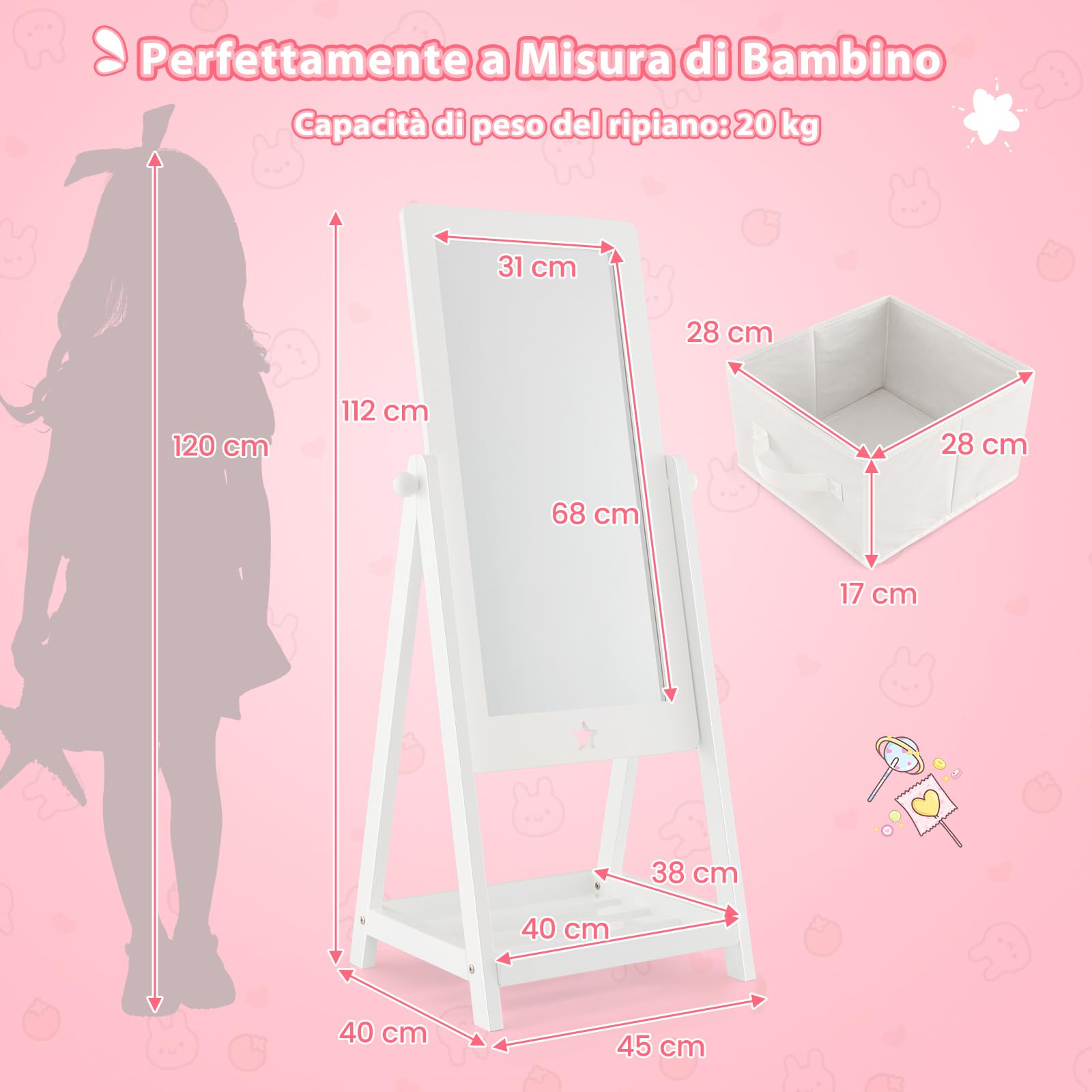 COSTWAY Specchio da Terra per Bambini in Legno con Scaffale Contenitore, Specchio per Cameretta Girevole con Cesto Ripiegabile, 45 x 40 x 112 cm, Bianco