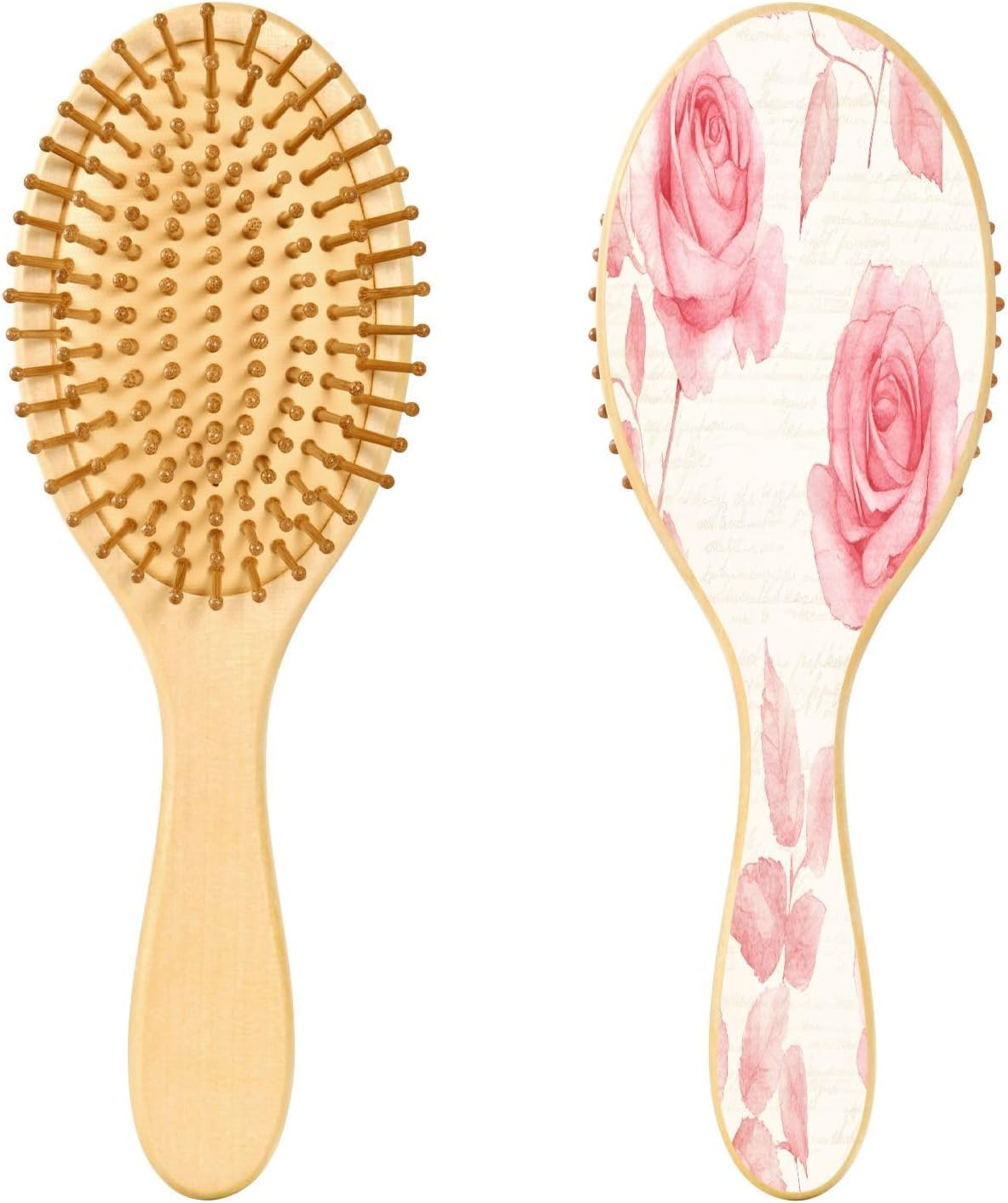 Pink Roses Wooden Hair Brush with Ergonomic Wooden Paddle,Growth Detangling Hair Brush for Thick/Thin/Curly/Dry Hair, Massage Scalp Hairbrush for Women Men and Kids