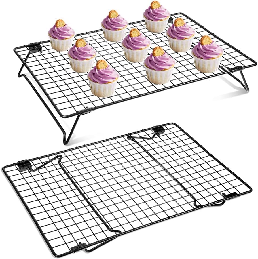 Abizarch 2 Pcs Cooling Rack for Baking and Cooking 13.4x9.4 inch, Carbon Steel Stackable Cake Cooling Rack with Collapsible Legs, for Grilling, Roasting Baked Goods Cookie