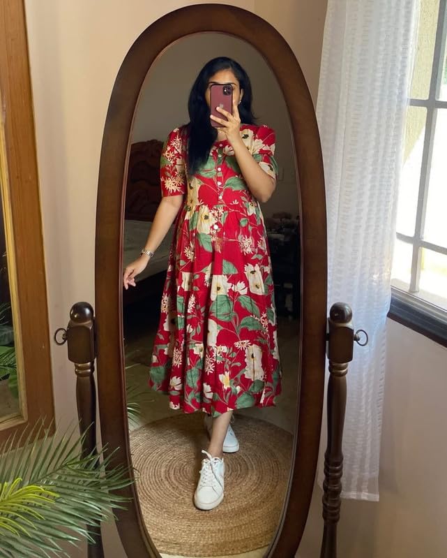 Image of Floral Midi Dress for Women - Summer Boho Dress, Lightweight & Breathable, Elegant Floral Print, Casual & Vacation Outfit, Comfortable Flowy Dress for Women